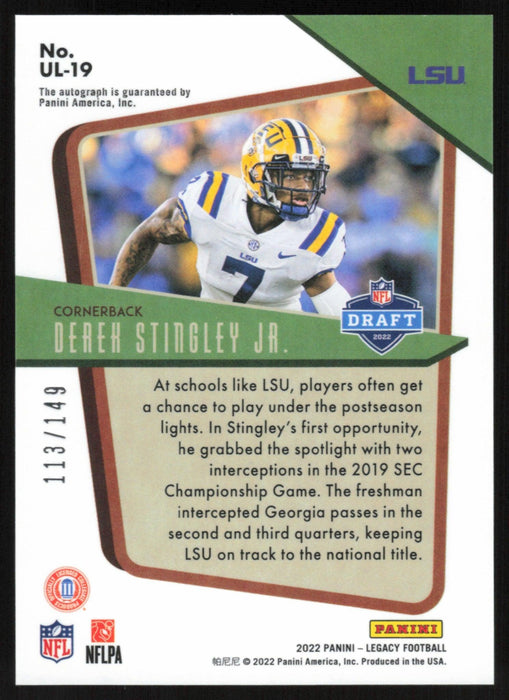 Derek Stingley Jr. 2022 Panini Legacy # UL-19 RC Auto Under the Lights Orange 113/149 LSU Tigers - Collectible Craze America