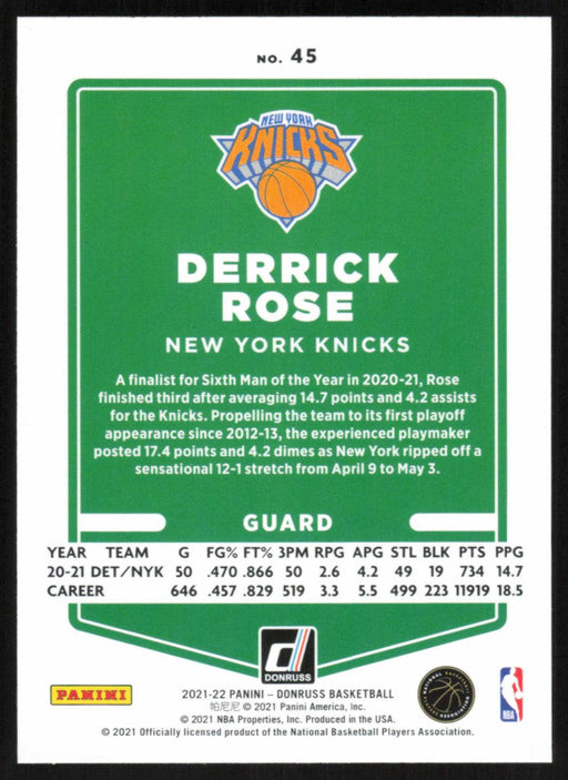 Derrick Rose 2021 Donruss # 45 Orange Holo Laser New York Knicks - Collectible Craze America