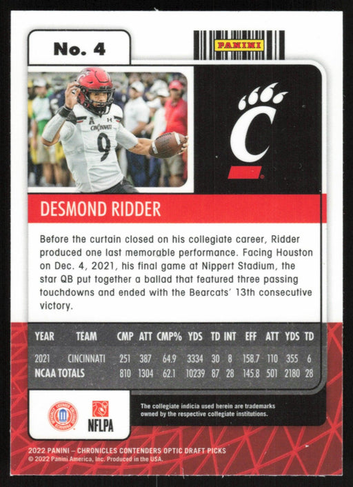 Desmond Ridder 2022 Panini Chronicles Contenders Optic Draft Picks # 4 RC Cincinnati Bearcats - Collectible Craze America