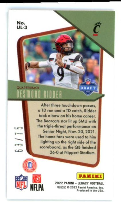 Desmond Ridder 2022 Panini Legacy Under the Lights Premium Edition Mini Bronze # UL-3 RC 63/75 Cincinnati Bearcats - Collectible Craze America