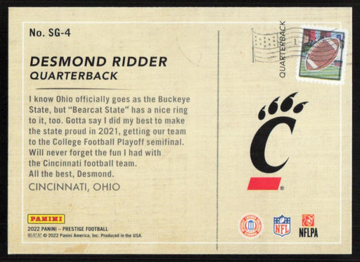 Desmond Ridder 2022 Panini Prestige Season Greetings # SG-4 RC Insert Cincinnati Bearcats - Collectible Craze America