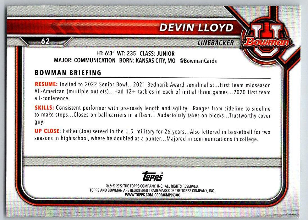 Devin Lloyd 2021 Bowman University Football # 62 Utah Utes 1st Bowman - Collectible Craze America