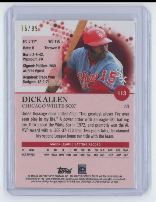 Dick Allen 2022 Topps Pristine # 113 Purple Refractor 75/99 Chicago Wh —  Collectible Craze America