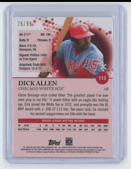 Dick Allen 2022 Topps Pristine # 113 Purple Refractor 75/99 Chicago White Sox - Collectible Craze America