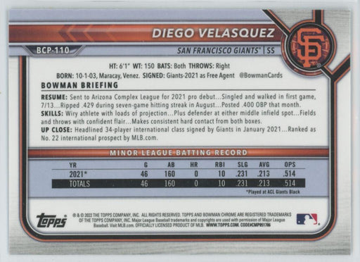 Diego Velasquez 2022 Bowman Chrome Prospects # BCP-110 1st Bowman San Francisco Giants - Collectible Craze America