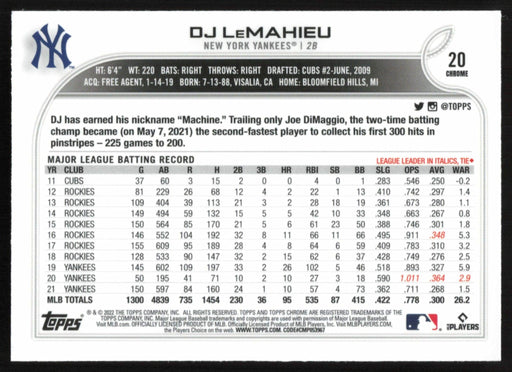DJ LeMahieu 2022 Topps Chrome # 20 Pink Refractor New York Yankees - Collectible Craze America