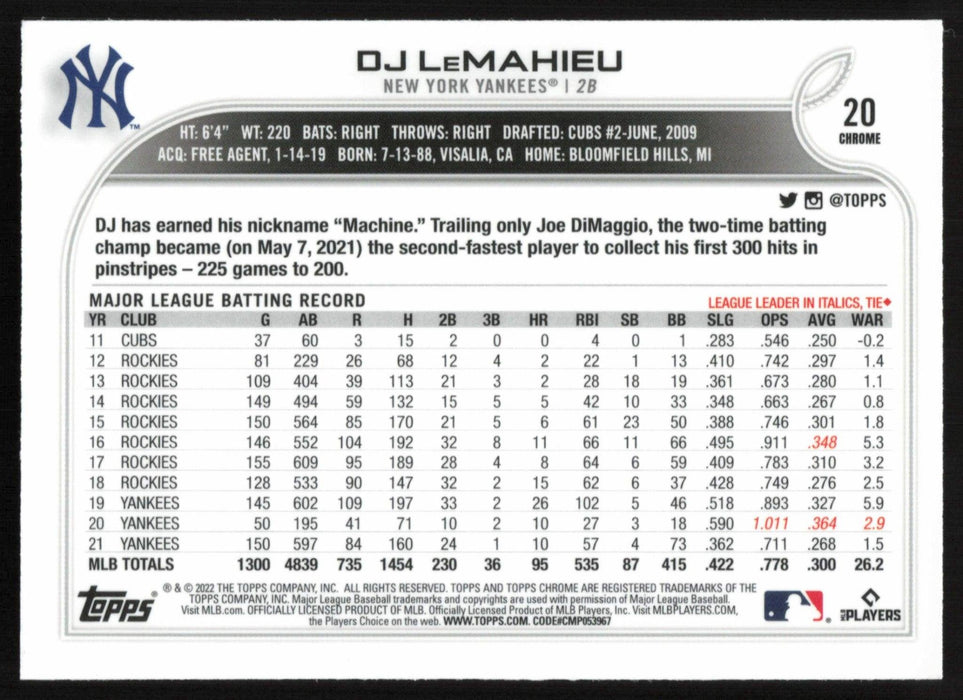 DJ LeMahieu 2022 Topps Chrome # 20 Pink Refractor New York Yankees - Collectible Craze America