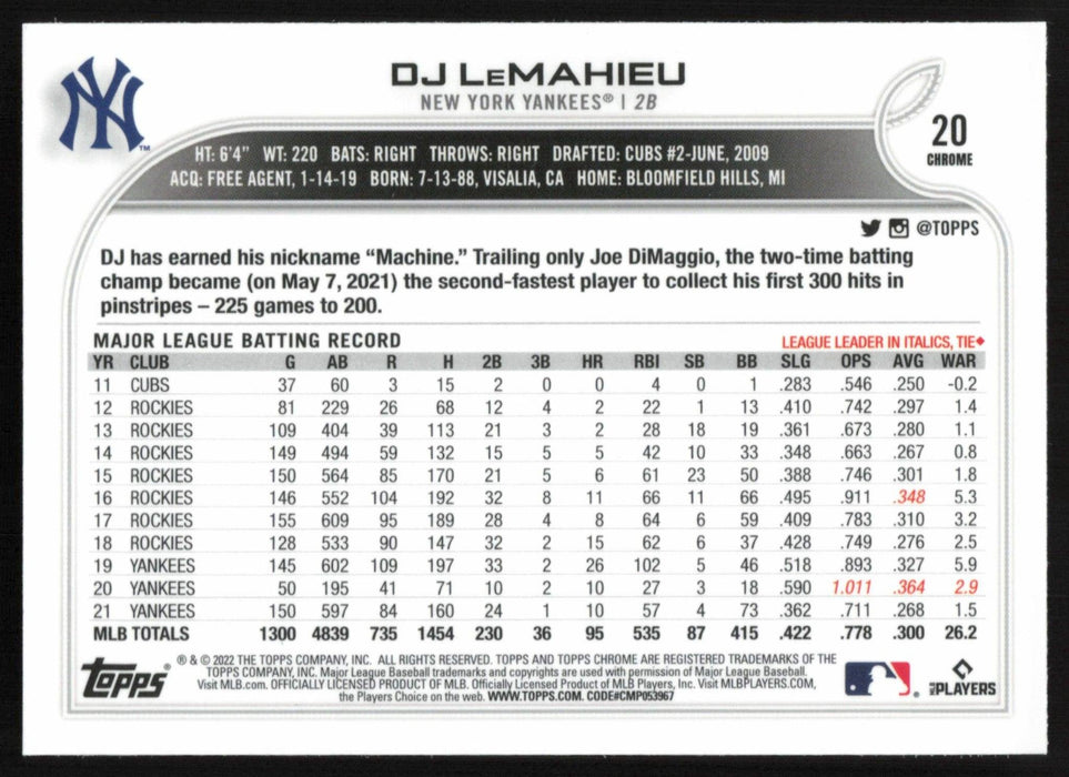 DJ LeMahieu 2022 Topps Chrome # 20 Sepia Refractor New York Yankees - Collectible Craze America