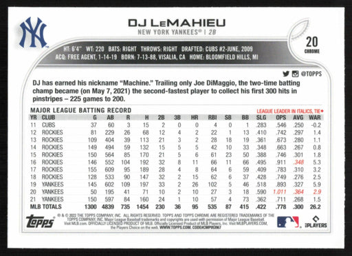 DJ LeMahieu 2022 Topps Chrome Baseball # 20 New York Yankees Base - Collectible Craze America