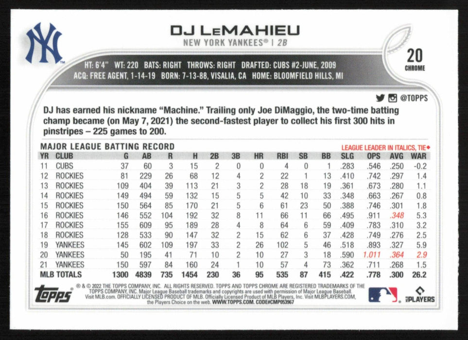 DJ LeMahieu 2022 Topps Chrome Baseball # 20 New York Yankees Base - Collectible Craze America