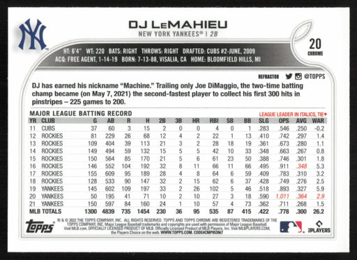 DJ LeMahieu 2022 Topps Chrome Baseball # 20 Refractor New York Yankees - Collectible Craze America