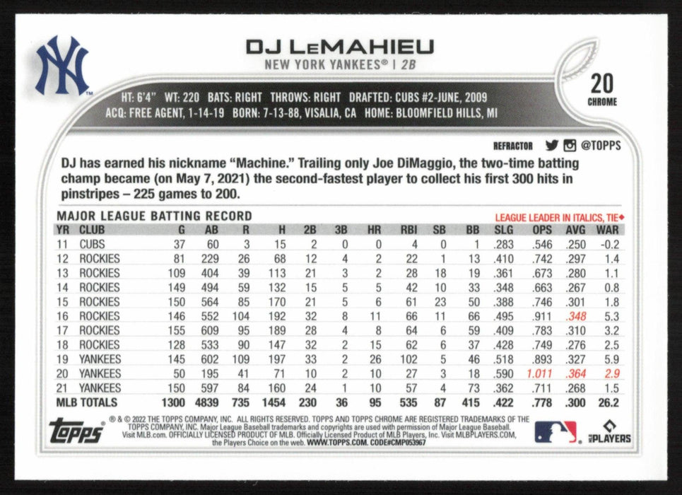 DJ LeMahieu 2022 Topps Chrome Baseball # 20 Refractor New York Yankees - Collectible Craze America