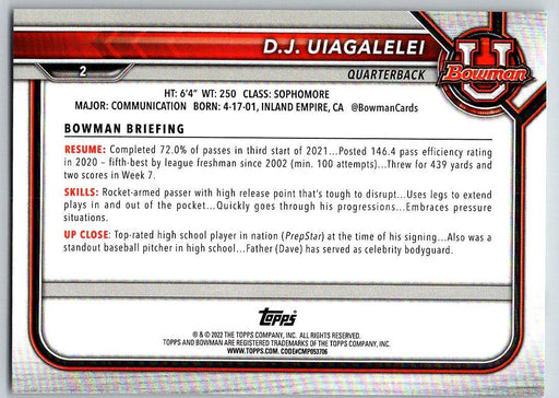 DJ Uiagalelei 2021 Bowman University Football # 2 Clemson Tigers 1st Bowman - Collectible Craze America