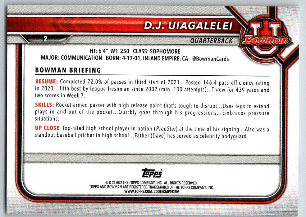 DJ Uiagalelei 2021 Bowman University Football # 2 Clemson Tigers 1st Bowman - Collectible Craze America