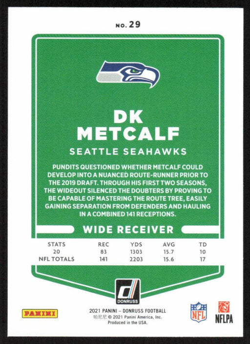 DK Metcalf 2021 Donruss Football # 29 Seattle Seahawks Base - Collectible Craze America