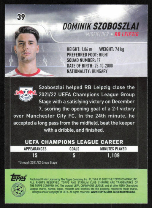 Dominik Szoboszlai 2021 Topps Stadium Club Chrome UEFA Champions League # 39 RB Leipzig Base - Collectible Craze America