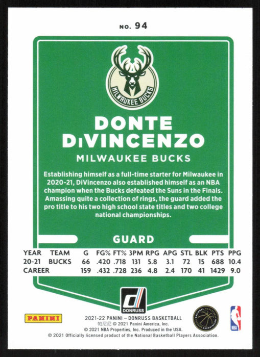 Donte DiVincenzo 2021 Donruss # 94 Orange Holo Laser Milwaukee Bucks - Collectible Craze America