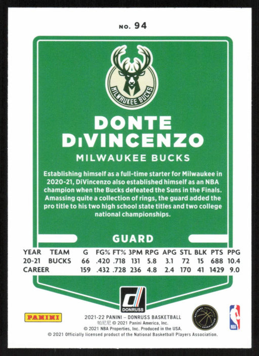 Donte DiVincenzo 2021 Donruss # 94 Orange Holo Laser Milwaukee Bucks - Collectible Craze America