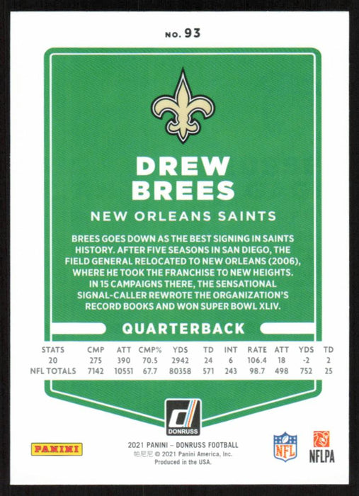 Drew Brees 2021 Donruss Football # 93 New Orleans Saints Base - Collectible Craze America