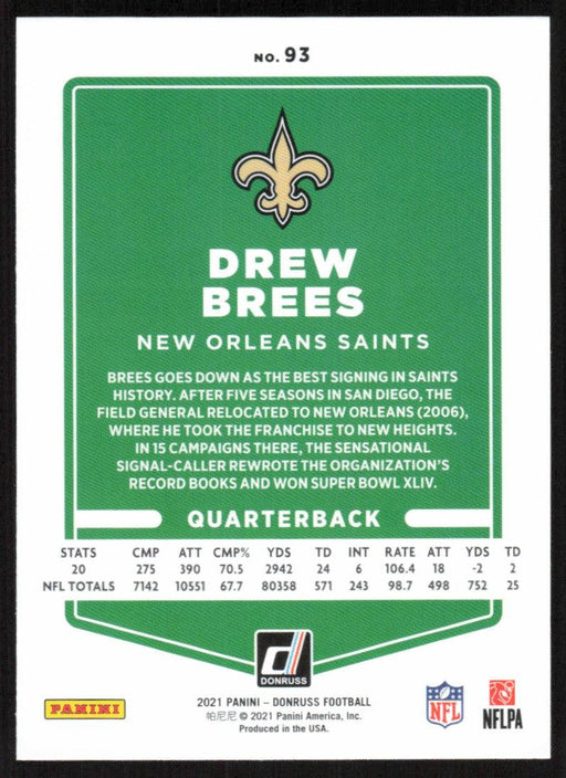 Drew Brees 2021 Donruss Football # 93 New Orleans Saints Image Variation Base - Collectible Craze America