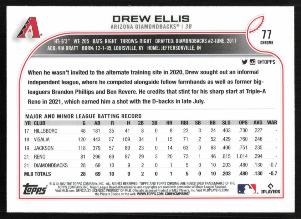 Drew Ellis 2022 Topps Chrome # 77 RC Pink Refractor Arizona Diamondbacks - Collectible Craze America