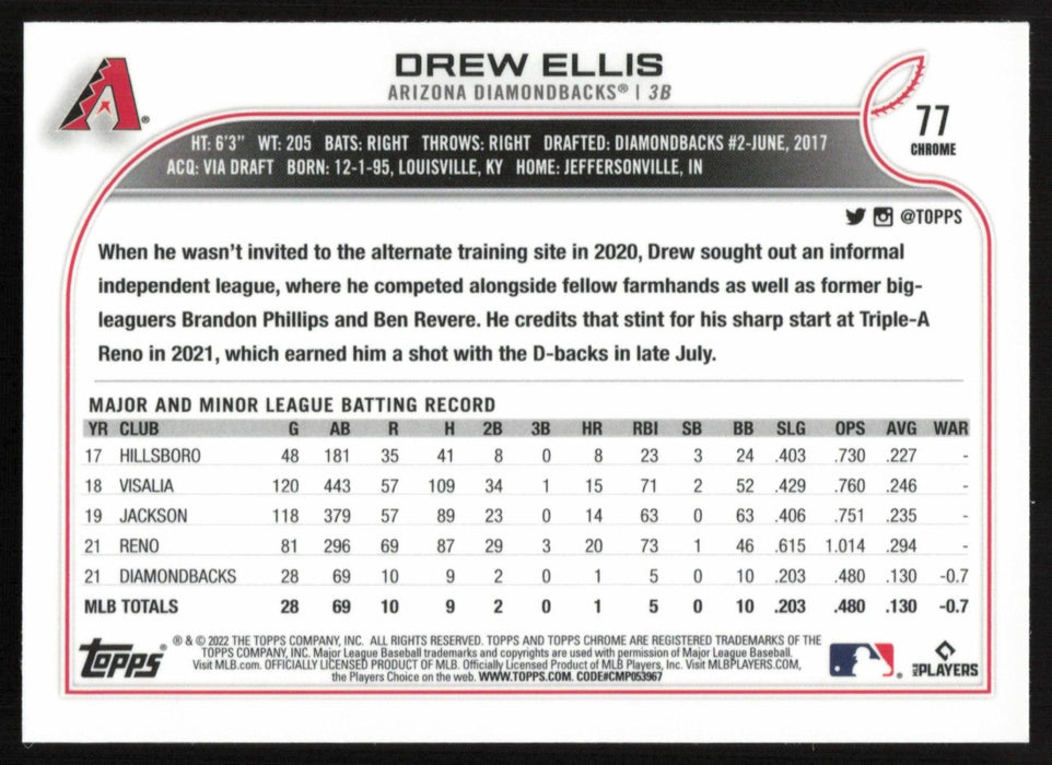 Drew Ellis 2022 Topps Chrome # 77 RC X-Fractor Arizona Diamondbacks - Collectible Craze America