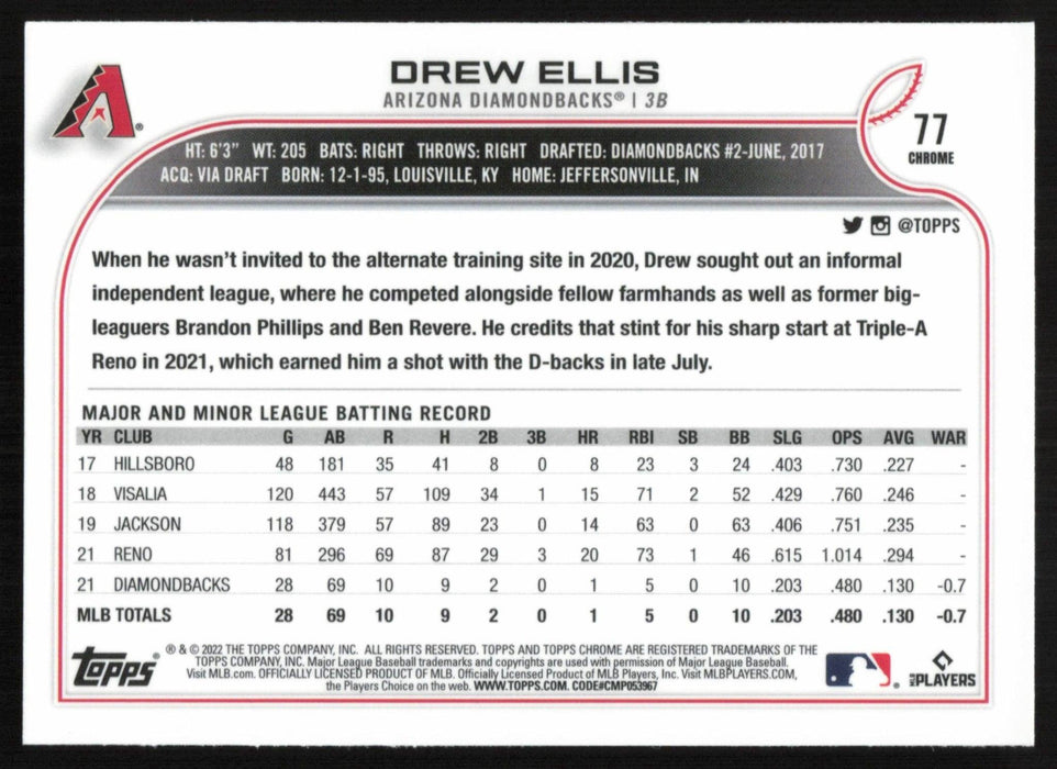 Drew Ellis 2022 Topps Chrome Baseball # 77 RC Arizona Diamondbacks Base - Collectible Craze America
