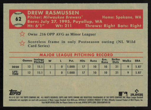 Drew Rasmussen 2021 Topps Chrome Platinum Anniversary # 62 RC Milwaukee Brewers - Collectible Craze America