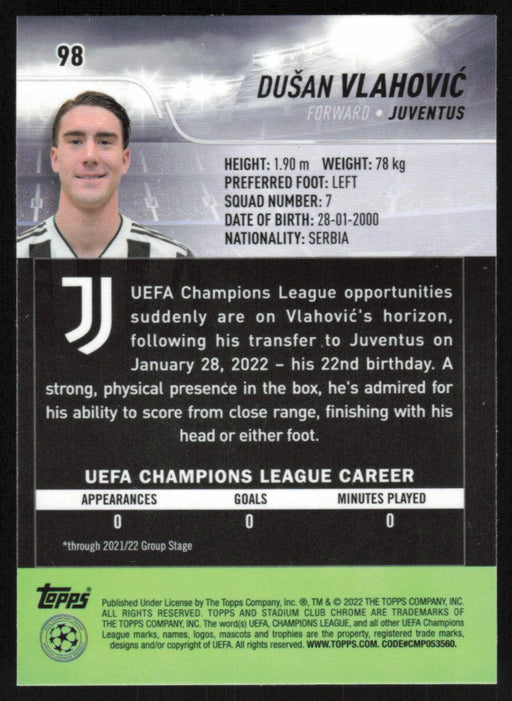 Dusan Vlahovic 2021 Topps Stadium Club Chrome UEFA Champions League # 98 Juventus Base - Collectible Craze America