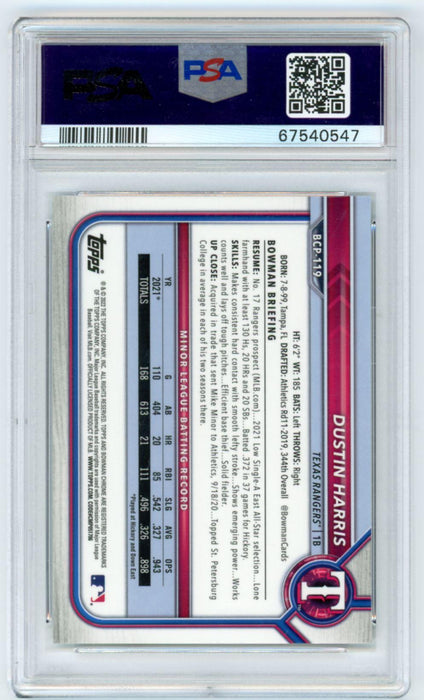 Dustin Harris 2022 Bowman Chrome Prospects # BCP-119 PSA 9 Texas Rangers - Collectible Craze America