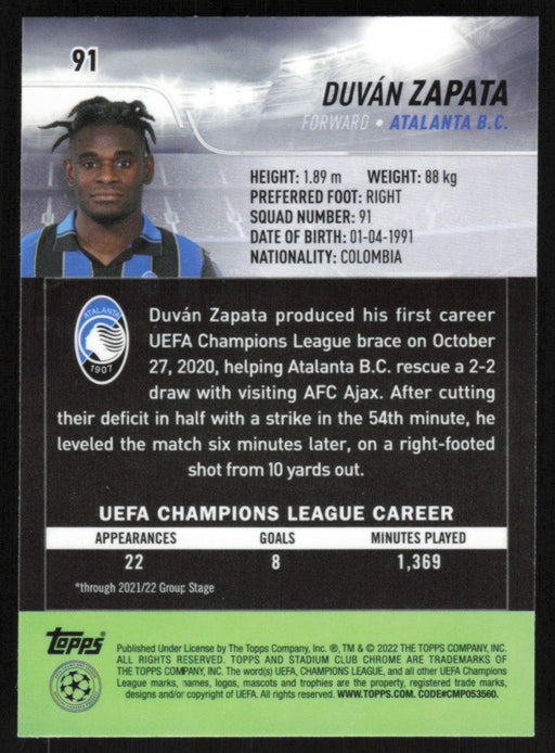 Duvan Zapata 2021 Topps Stadium Club Chrome UEFA Champions League # 91 Atalanta B.C. Base - Collectible Craze America