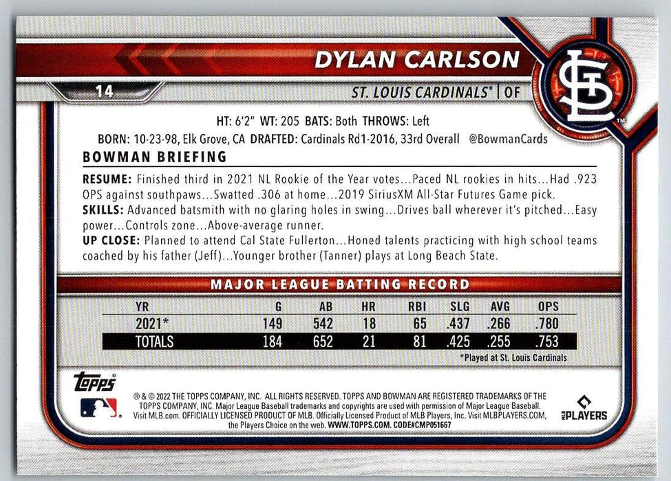 Dylan Carlson 2022 Bowman # 14 St. Louis Cardinals - Collectible Craze America