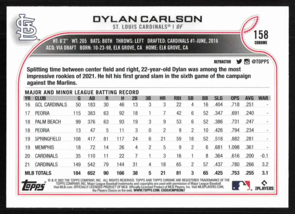 Dylan Carlson 2022 Topps Chrome # 158 Refractor St. Louis Cardinals - Collectible Craze America