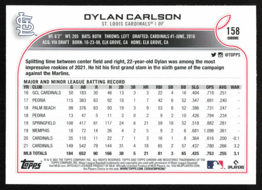 Dylan Carlson 2022 Topps Chrome Baseball # 158 St. Louis Cardinals Base - Collectible Craze America