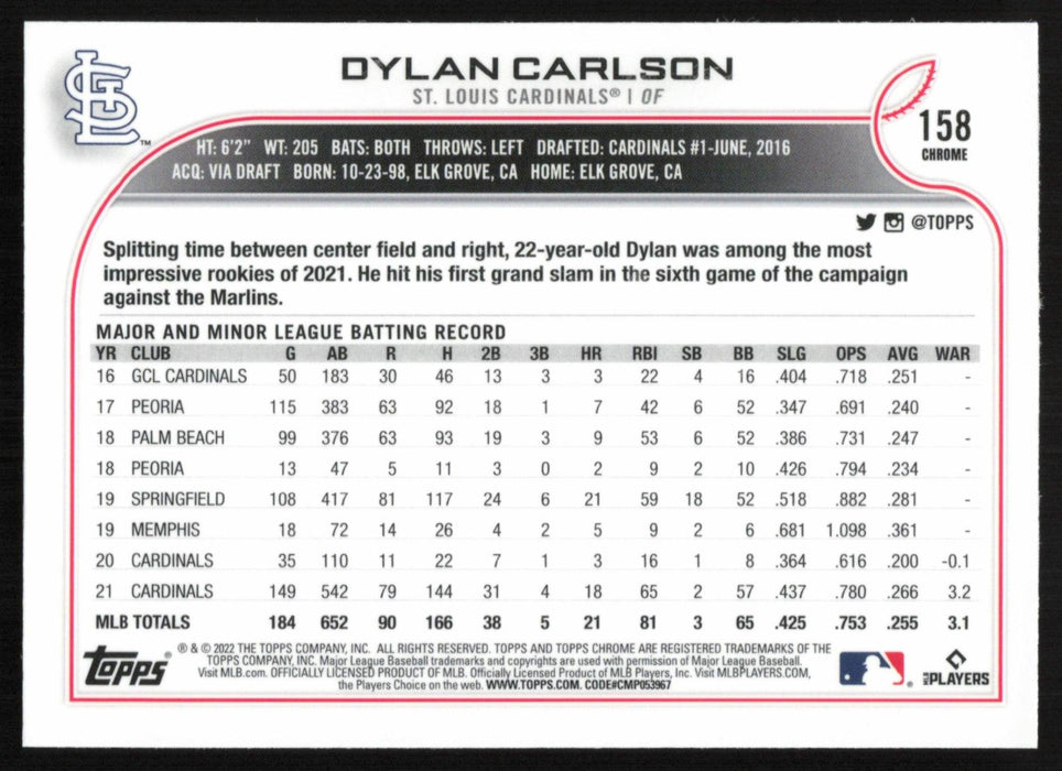 Dylan Carlson 2022 Topps Chrome Baseball # 158 St. Louis Cardinals Base - Collectible Craze America