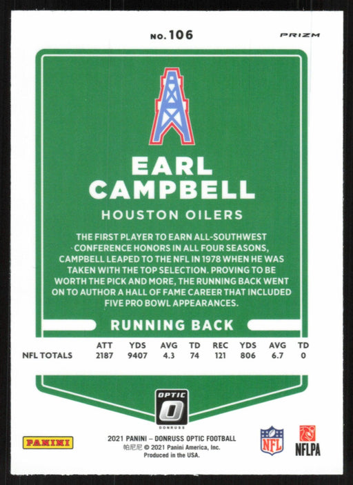 Earl Campbell 2021 Donruss Optic # 106 Silver Prizm Houston Oilers - Collectible Craze America