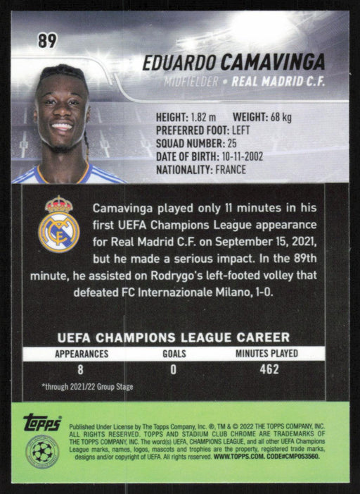 Eduardo Camavinga 2021 Topps Stadium Club Chrome UEFA Champions League # 89 Real Madrid C.F. Base - Collectible Craze America