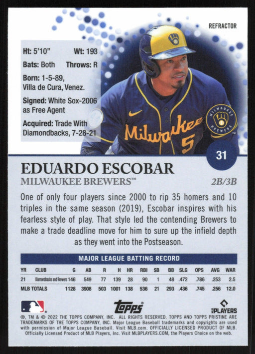 Eduardo Escobar 2022 Topps Pristine # 31 Refractor Milwaukee Brewers - Collectible Craze America