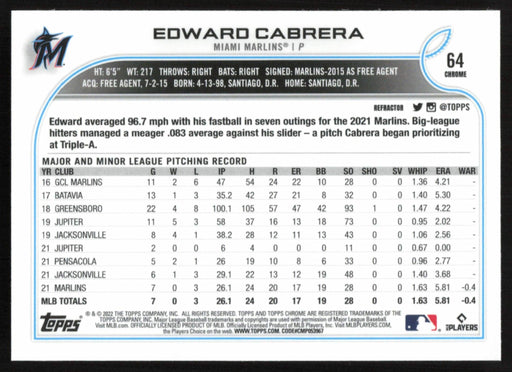 Edward Cabrera 2022 Topps Chrome # 64 RC Refractor Miami Marlins - Collectible Craze America