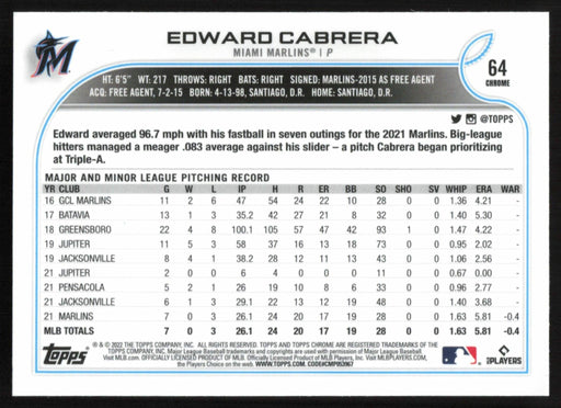 Edward Cabrera 2022 Topps Chrome # 64 RC Sepia Refractor Miami Marlins - Collectible Craze America