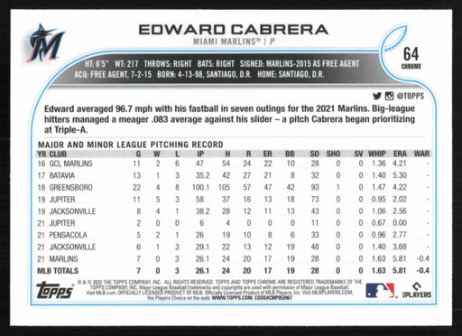 Edward Cabrera 2022 Topps Chrome Baseball # 64 RC Miami Marlins Base - Collectible Craze America