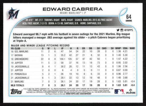 Edward Cabrera 2022 Topps Chrome Baseball # 64 RC Prism Refractor Miami Marlins - Collectible Craze America