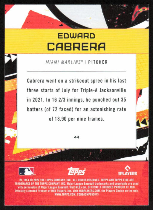 Edward Cabrera 2022 Topps Fire Baseball # 44 RC Miami Marlins Base - Collectible Craze America