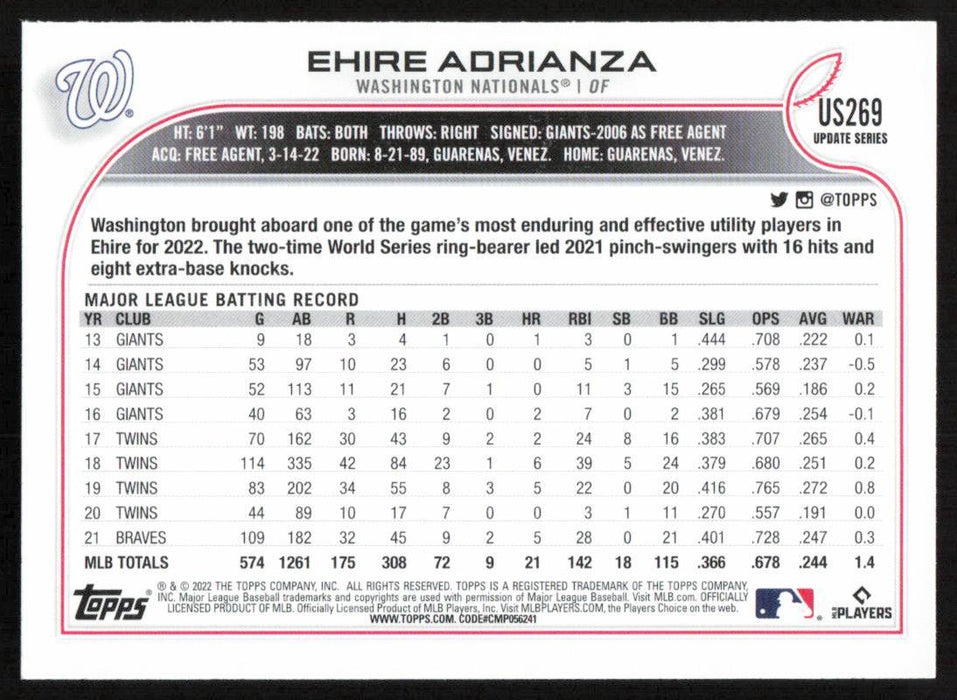 Ehire Adrianza 2022 Topps Update Rainbow Foil # US269 Washington Nationals - Collectible Craze America
