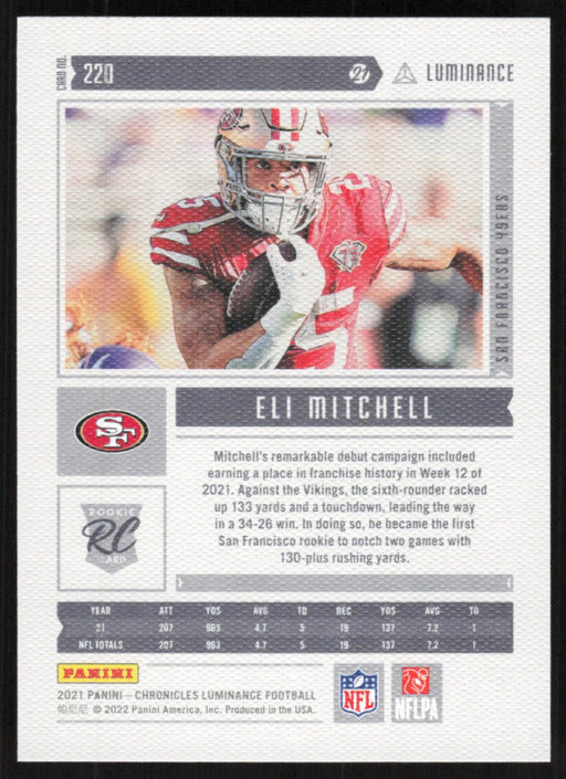 Eli Mitchell 2021 Panini Chronicles Luminance # 220 RC Pink San Francisco 49ers - Collectible Craze America