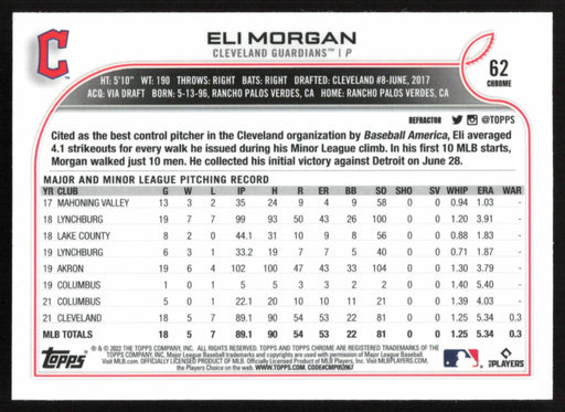 Eli Morgan 2022 Topps Chrome # 62 RC Refractor Cleveland Guardians - Collectible Craze America