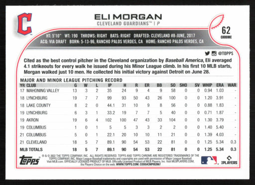 Eli Morgan 2022 Topps Chrome Baseball # 62 RC Cleveland Guardians Base - Collectible Craze America