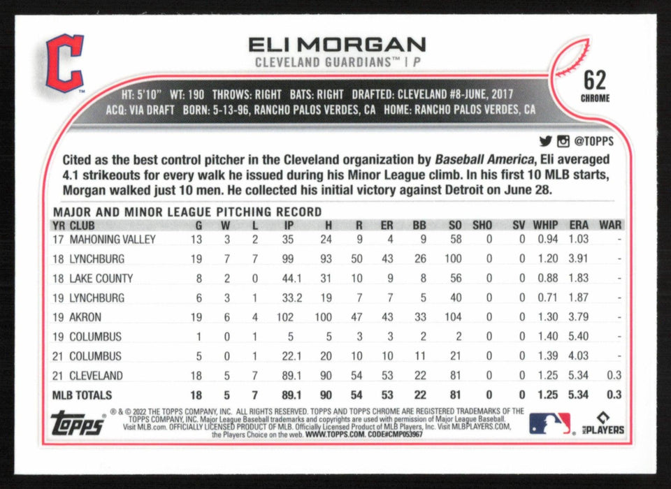 Eli Morgan 2022 Topps Chrome Baseball # 62 RC Cleveland Guardians Base - Collectible Craze America