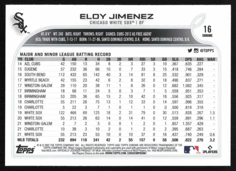 Eloy Jimenez 2022 Topps Chrome Baseball # 16 Chicago White Sox Base - Collectible Craze America