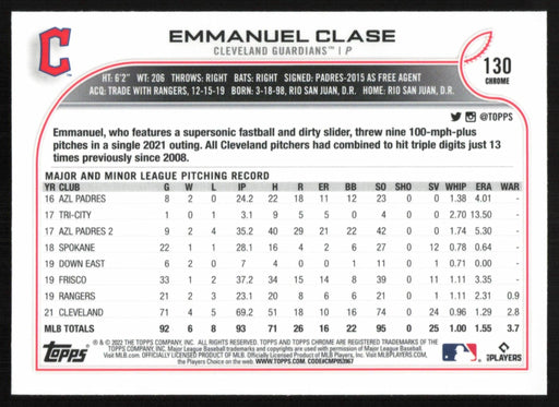 Emmanuel Clase 2022 Topps Chrome Baseball # 130 Cleveland Guardians Base - Collectible Craze America